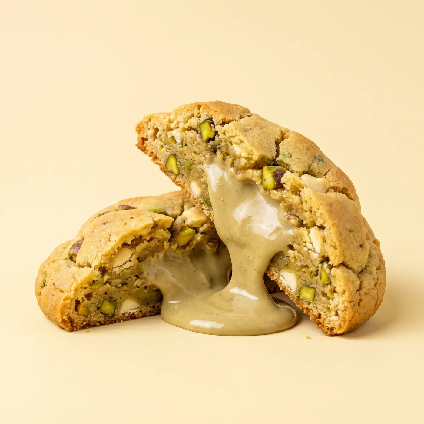 Cookie de pistacho de Juanito Bites partida por la mitad, con el relleno cremoso de pistacho cayendo