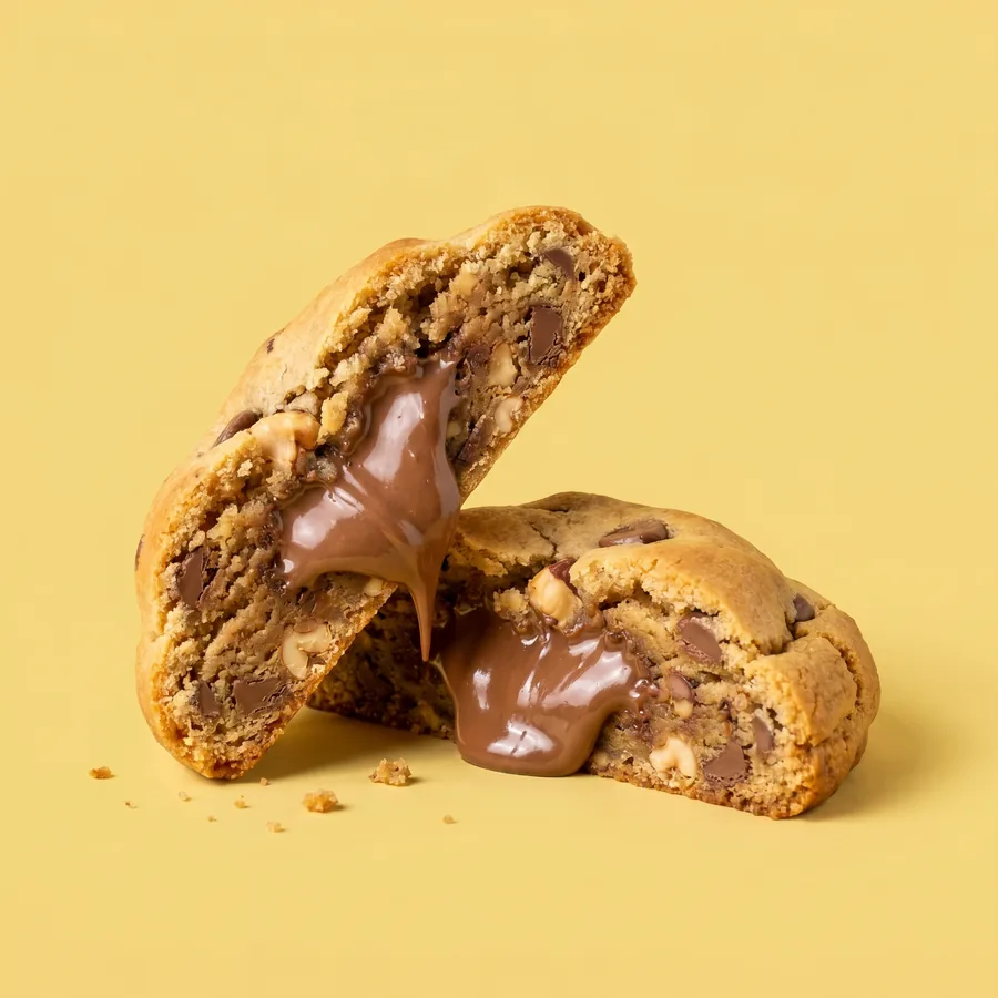 Cookie de Nutella partida, con el relleno de chocolate y avellana derritiéndose