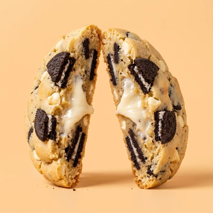 Cookie de Oreo y Cookies and Cream partida, con trozos de galleta y crema